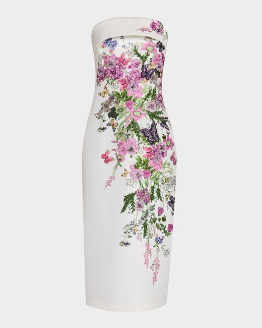 Badgley Mischka White Strapless Floral-Print Applique Midi Dress