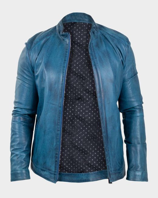 Maceoo Men's Blue Printed Leather Full-Zip Jacket