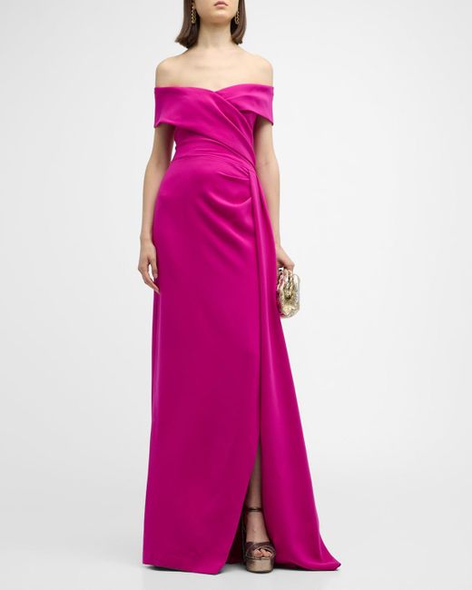 Teri Jon Pink Pleated Off-Shoulder Draped Crepe Gown