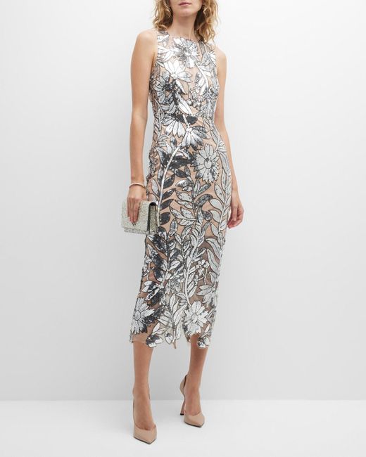 MILLY Metallic Kinsley Floral Sequin Lace Midi Dress