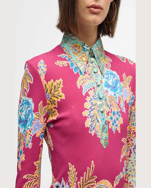 Etro Red Floral Paisley Bouquet-print Long-sleeve Jersey Midi Shirtdress