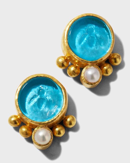 Elizabeth Locke Blue 19K Stud Earrings With Tiny Bee And Pearls