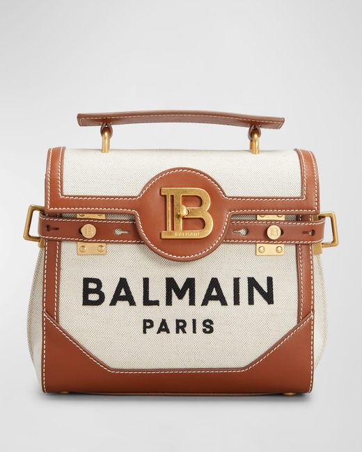 Balmain Brown Bbuzz 23 Top-handle Bag In Canvas And Leather