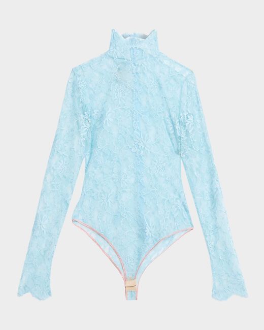 Valentino Garavani Blue Turtleneck Long-Sleeve Lace Bodysuit