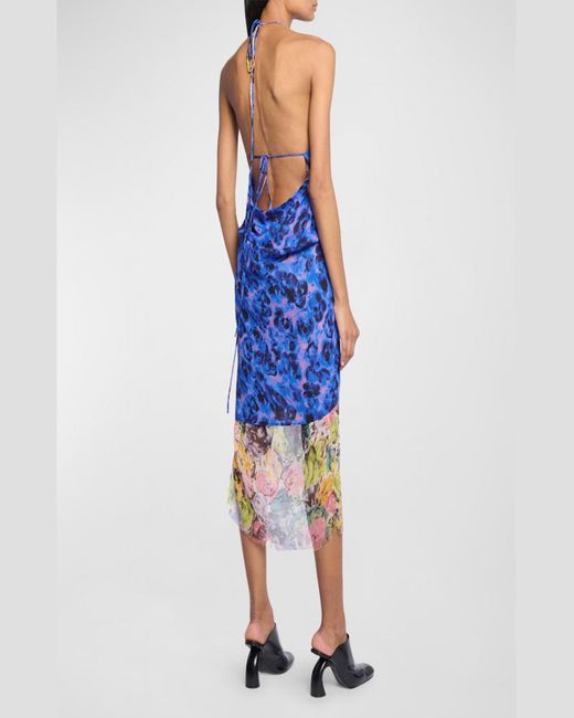 Dries Van Noten Blue Drill One-Shoulder Layered Floral-Print Midi Dress