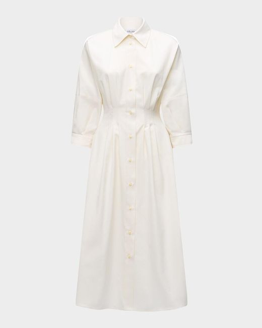 Callas Milano White Anais Pleated Cotton Midi Shirtdress