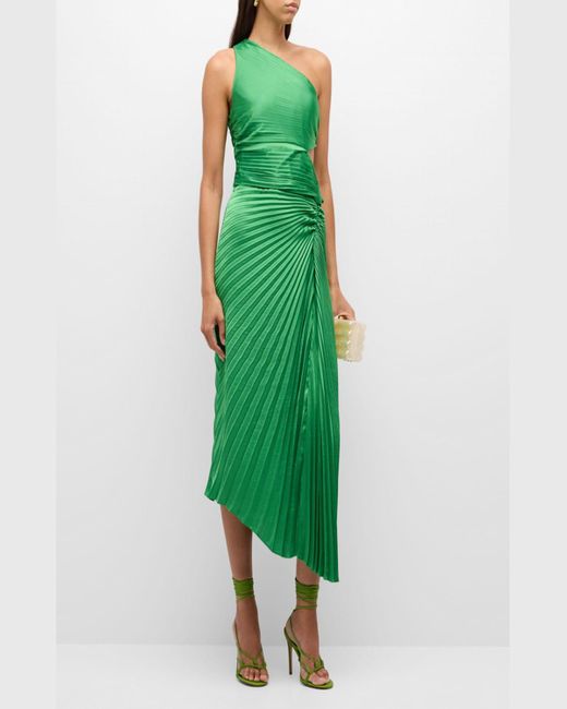 A.L.C. Green Dahlia Pleated One-shoulder Maxi Dress