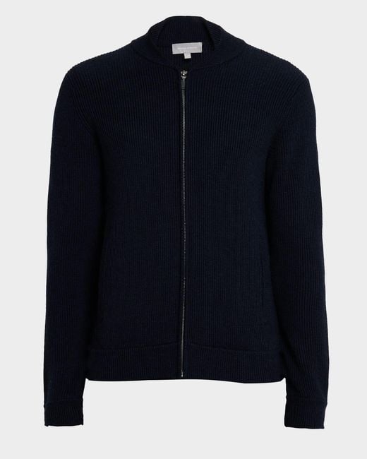 Neiman Marcus Blue Apos;Merino Wool Rib Full-Zip Sweater for men