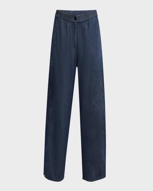 Eileen Fisher Blue Cropped Wide-Leg Organic Cotton Twill Pants