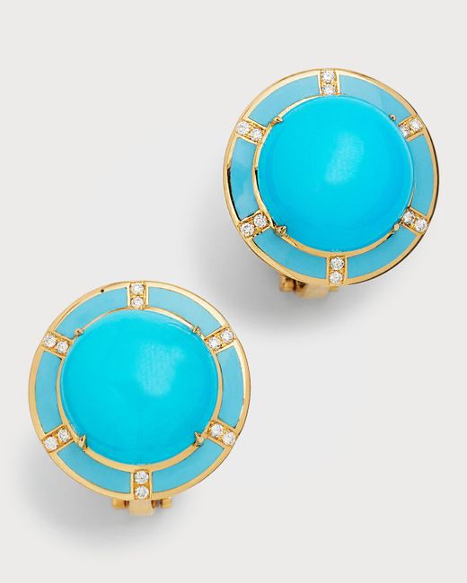 Cicada Jewelry Blue 18k Yellow Gold Turquoise And Diamond Stud Earrings