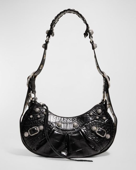 Balenciaga Black Le Cagole Xs Croc-Embossed Shoulder Bag With Rhinestones