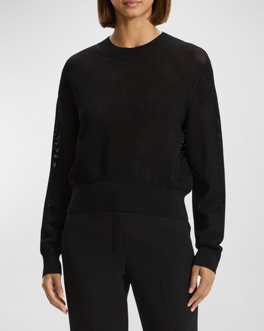 Theory Black Mini Pointelle Stitch Long-Sleeve Pullover Top