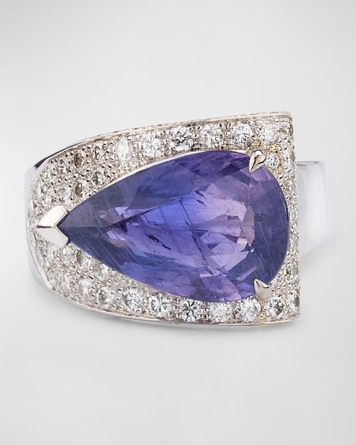Alexander Laut Blue 18K Sapphire Pear And Diamond Ring, Size 6.5