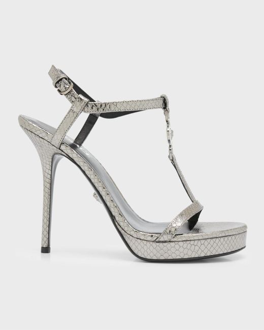 Versace White Medusa Metallic T-strap Platform Sandals