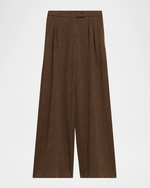 Max Mara Brown Ponza Check Wool Pleated Wide-Leg Pants