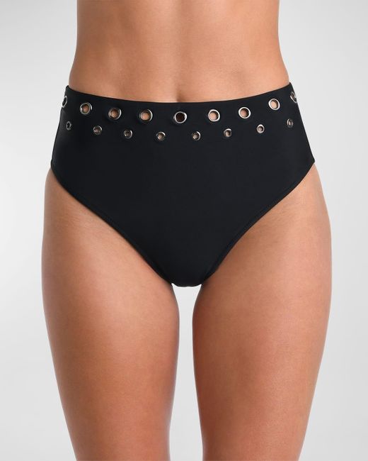 L'Agence Black Vanessa Grommet High-Waist Bikini Bottoms
