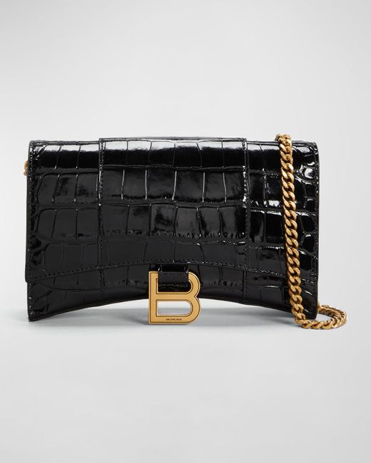 Balenciaga Black Hourglass Shiny Mock-croc Chain Wallet