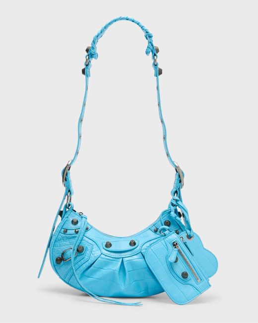 Balenciaga Blue Xs Cagole Croc-Embossed Zip Shoulder Bag
