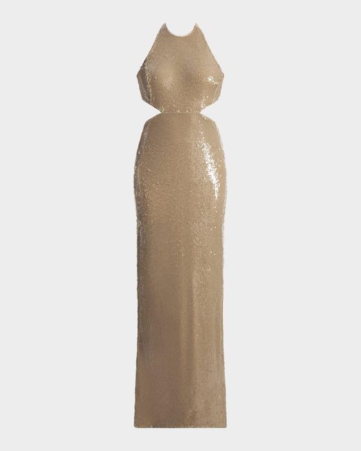 BCBGMAXAZRIA Natural Cutout Sequin Halter Gown