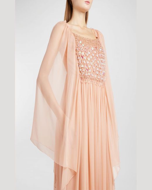 Alberta Ferretti Natural Crystal Embellished Cape-Sleeve Organic Chiffon Maxi Dress