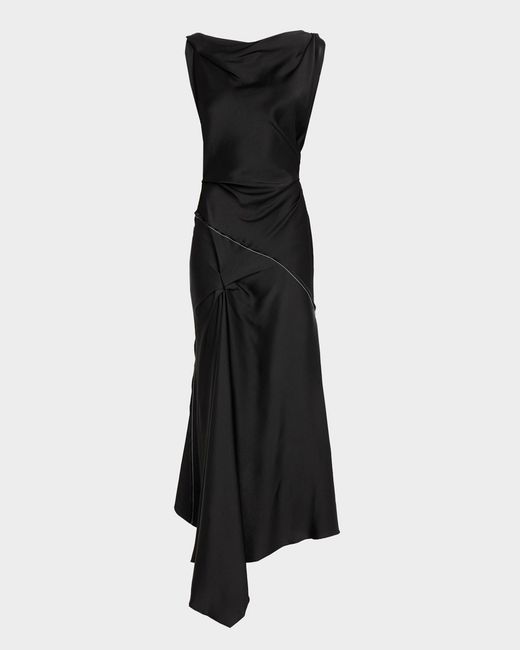 Victoria Beckham Black Asymmetric Draped Sleeveless Satin Midi Dress