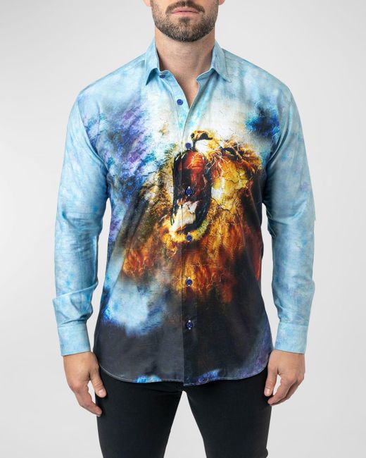 Maceoo Blue Fibonacci Lion Mozaic Dress Shirt for men