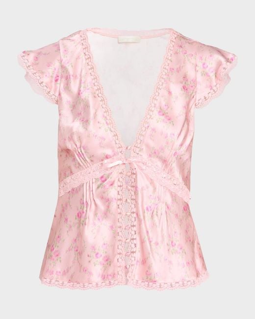 LoveShackFancy Pink Amara Floral Silk Blouse