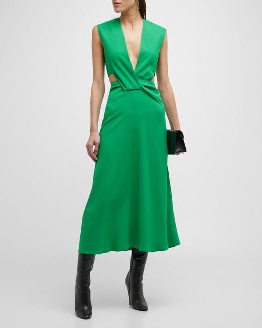 Victoria Beckham Green Plunging Twist Cutout Maxi Dress