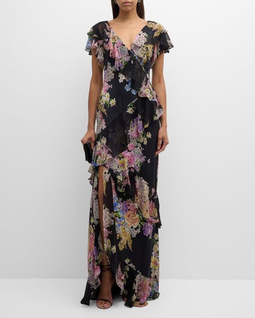 Teri Jon Black Floral-Print Ruffle Chiffon Gown