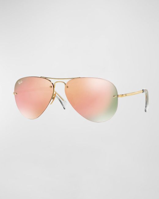 Ray-Ban White Rimless Mirrored Iridescent Aviator Sunglasses, 59mm