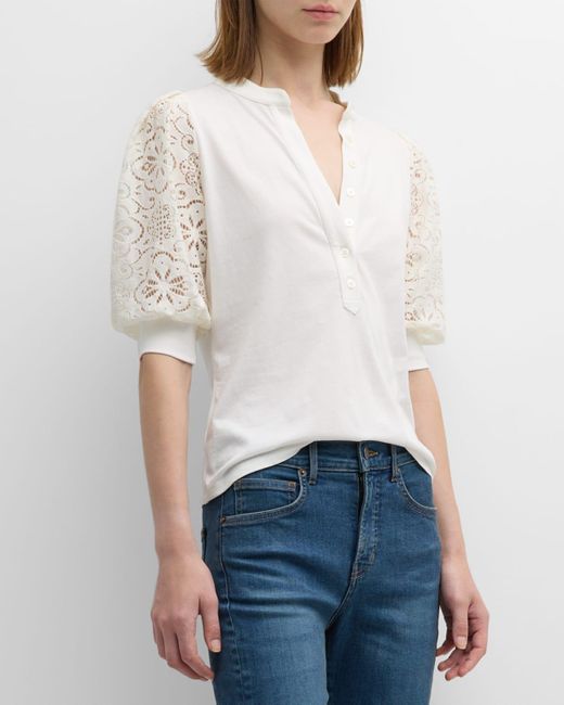 Veronica Beard White Coralee Knit Button-Front Eyelet Sleeve Top