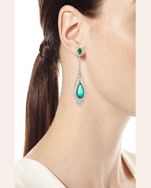 Andreoli Green 18k White Gold Emerald & Diamond Pear Earrings