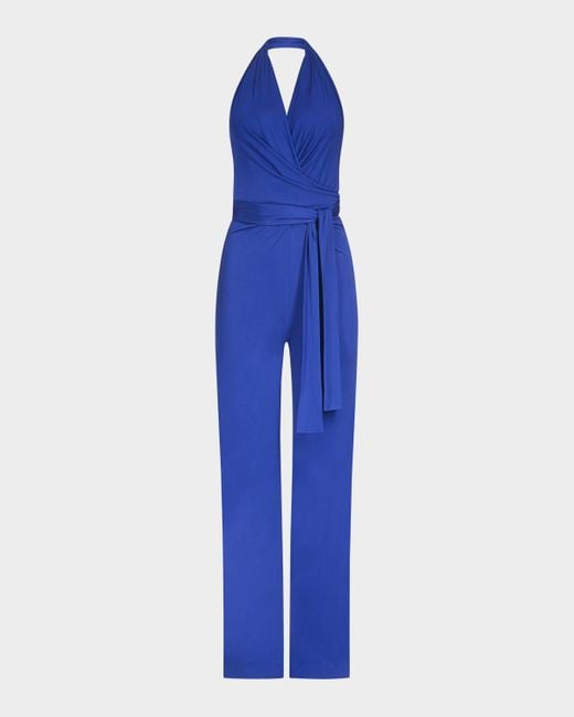 Diane von Furstenberg Women's Blue Delia Deep V-Neck Jersey Halter Jumpsuit