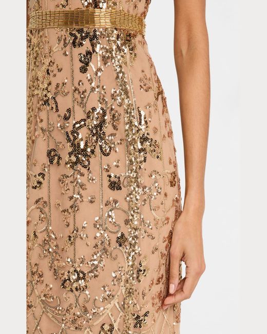 Marchesa Natural Sleeveless Bead & Sequin Column Gown