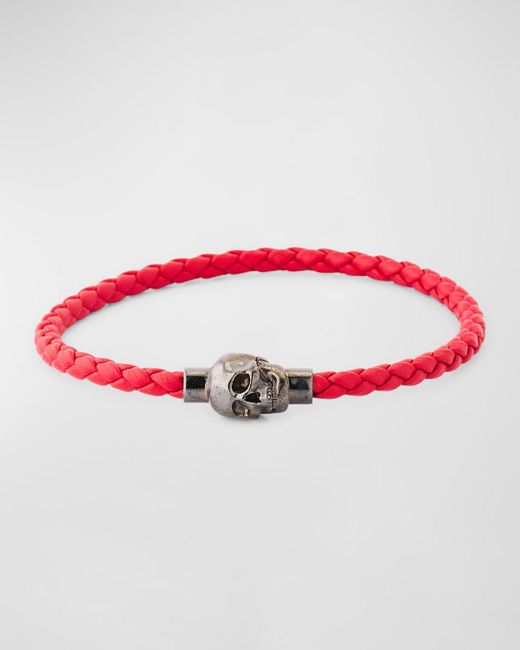 Alexander McQueen Red Braided Leather Skull Cord Bracelet for men