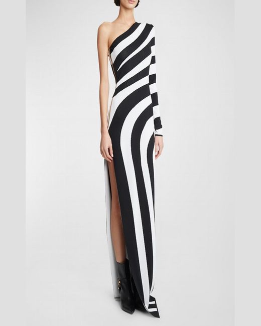 Balmain White One-Shoulder Striped Knit Gown With Slit