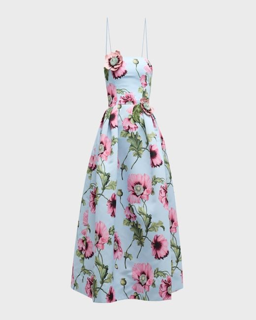 Oscar de la Renta White Flower Embroidered Strapless Poppies Faille Midi Dress