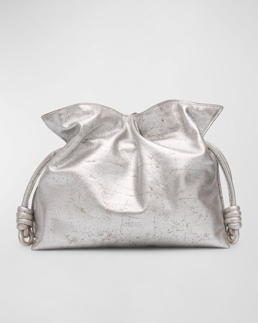 Loewe Gray Flamenco Clutch Bag In Metallic Leather