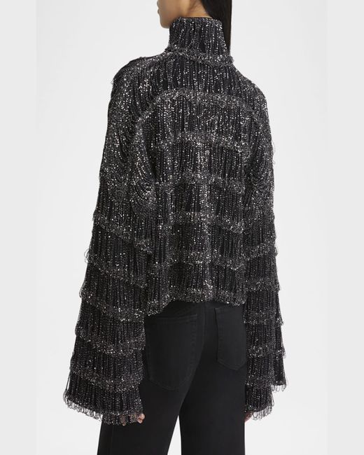 Alaïa Black Sequin Fringe Turtleneck Long-Sleeve Crop Sweater