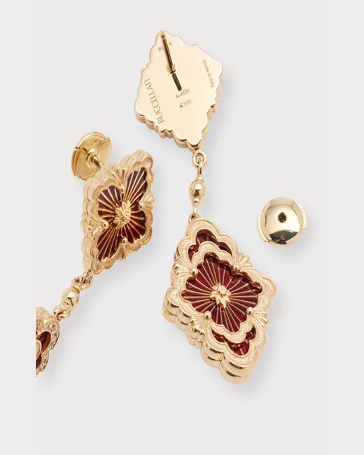 Buccellati Metallic Opera Tulle Pendant Earrings In Red Enamel With Diamonds And 18k Yellow Gold
