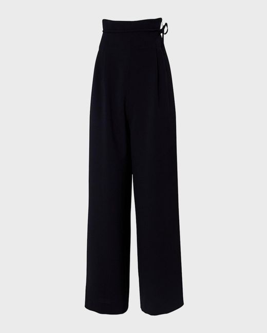 Carolina Herrera Blue High-Rise Pleated Wide-Leg Crop Pants With Waist Tie