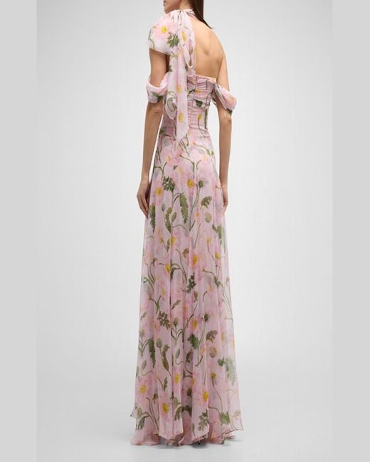 Oscar de la Renta Pink Sweetheart Strapless Painted Poppies-Print Neck-Scarf Gown