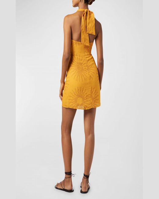 Cala De La Cruz Yellow Vera Cutout Halter Backless Sun-Print Linen Mini Dress