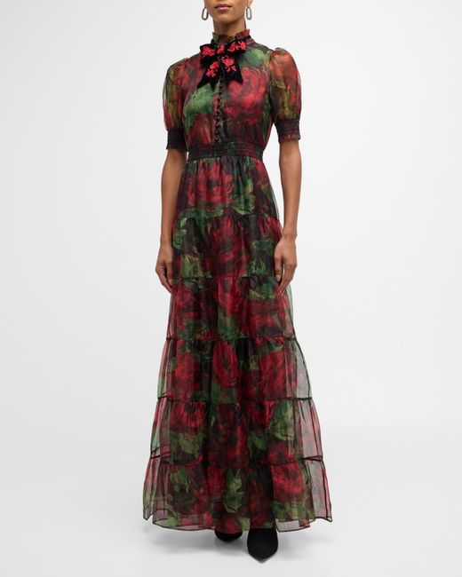 Alice + Olivia Red Coletta Bow-neck Button-front Maxi Dress