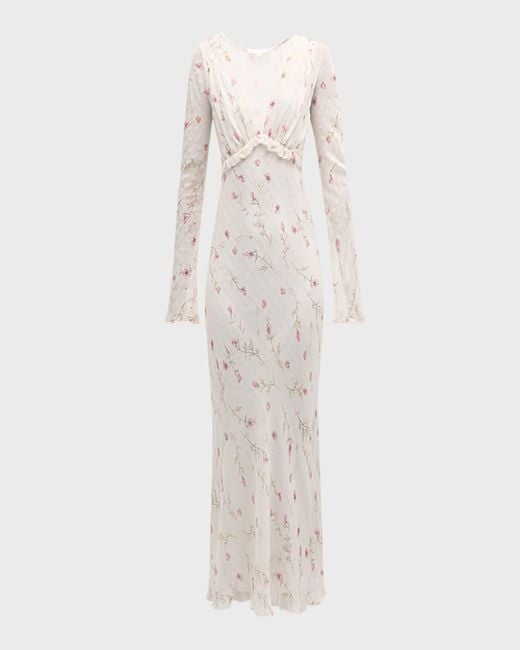 LoveShackFancy White Dalila Floral Metallic Deep V Maxi Dress