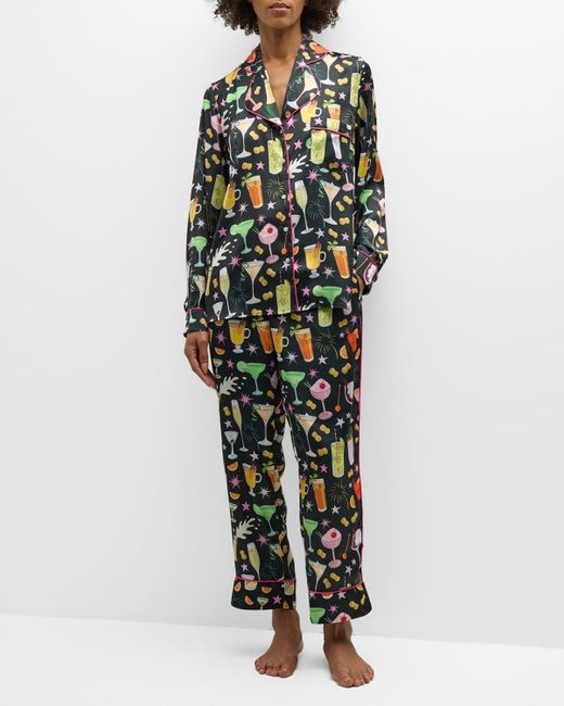 Karen Mabon Multicolor Cropped Cocktail-Print Satin Pajama Set
