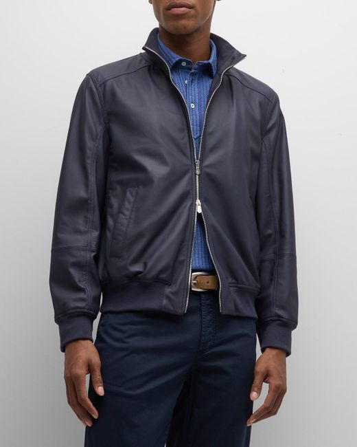 Brunello Cucinelli Blue Leather Full-Zip Bomber Jacket for men