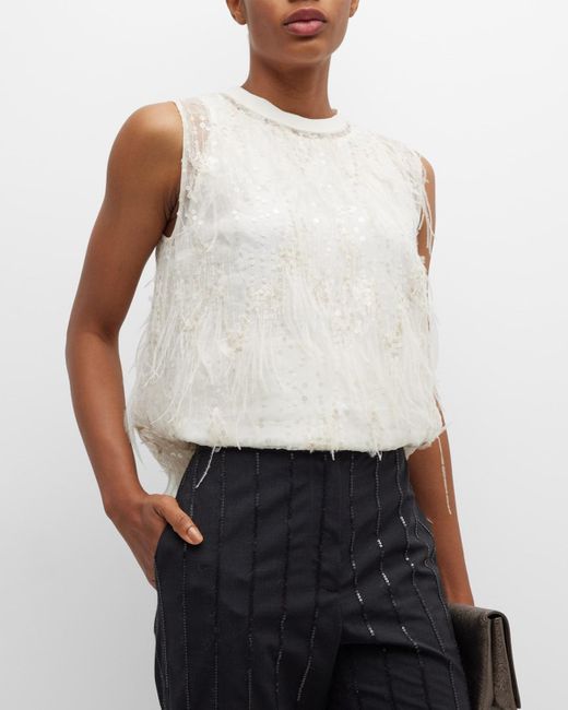 Brunello Cucinelli White Sequin And Ostrich Feather Embellished Tank Top