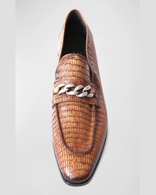 Jo Ghost Brown Lizard-Printed Leather Chain Loafers for men