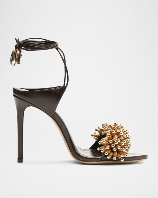 Alexandre Birman Metallic Zaya Leather Beaded Ankle-Wrap Sandals